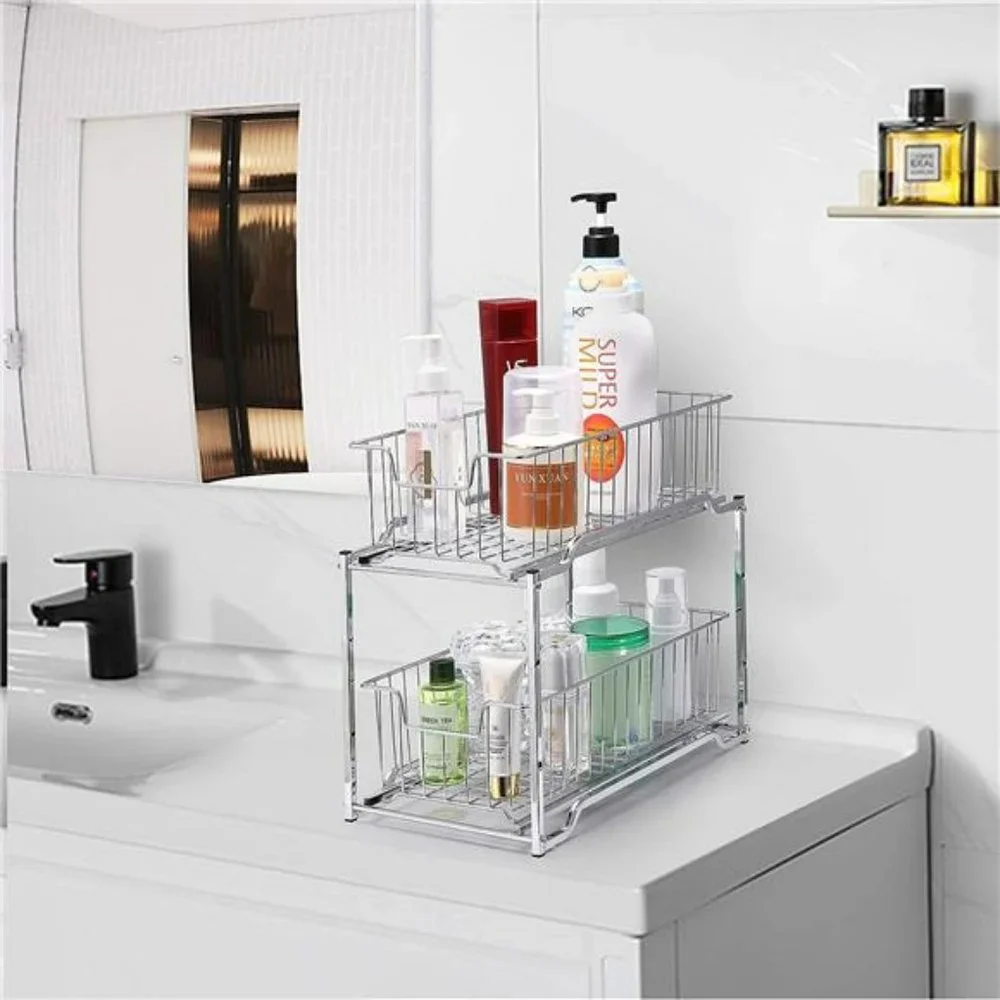 Stackable 2-Tier Under Sink Cabinet Organizer w/ Sliding Storage Drawer, Chrome